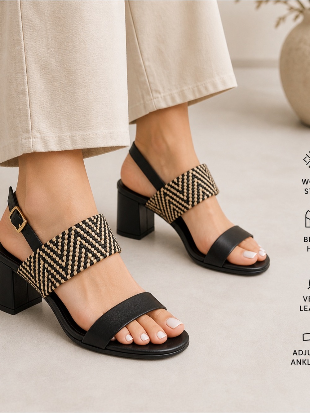 👉 Woven Strap Block Heel Sandals Size 8.5 Black Ankle Strap Chic - Picture 2 of 8
